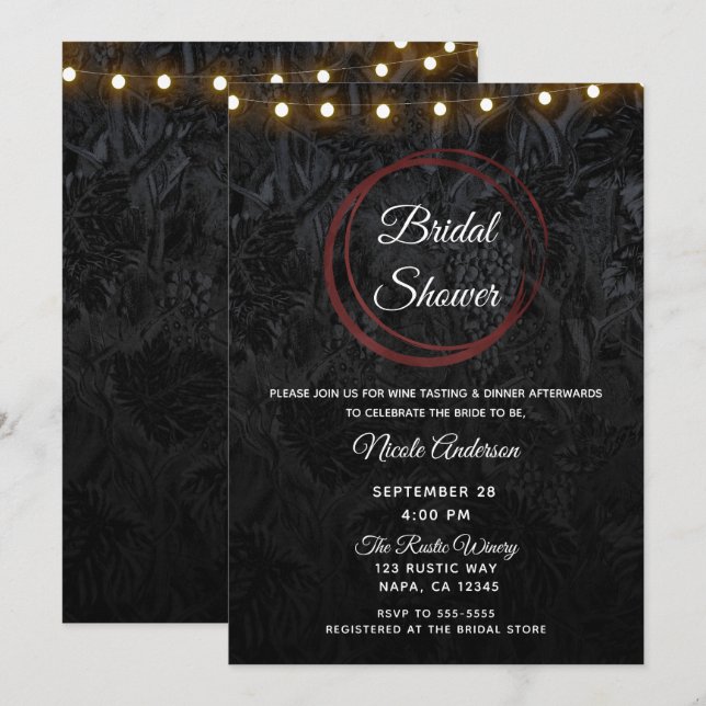 Invitation Fête des mariées moderne chic Black Red Wine Rings (Devant / Derrière)