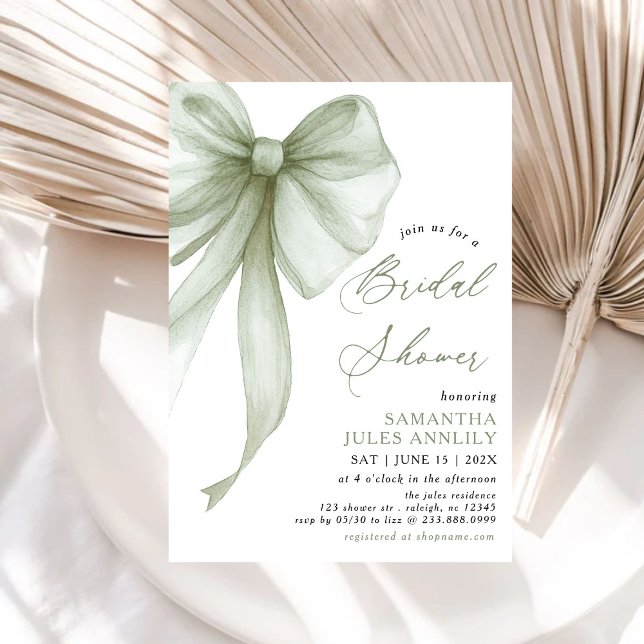 Invitation Fête des mariées moderne Coquette Sage Green Bow (Créateur téléchargé)