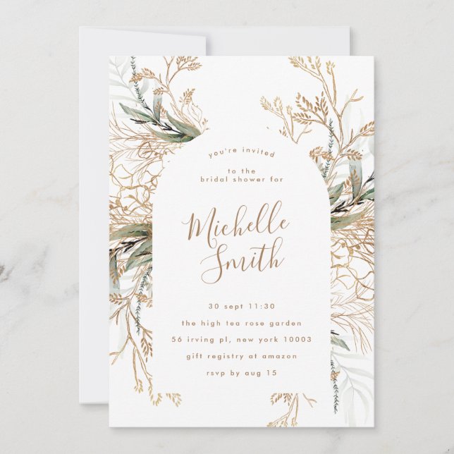 Invitation Fête des mariées moderne de Boho Eucalyptus en or  (Devant)