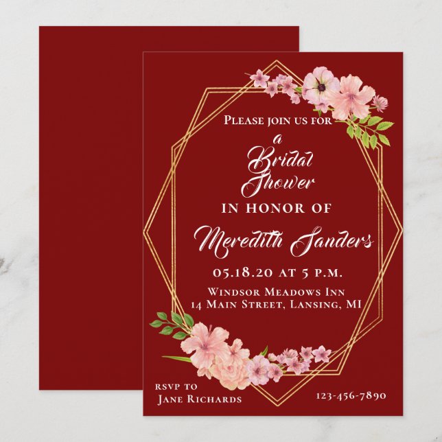 Invitation Fête des mariées Moderne De Canneberge Or Et Rosée (Devant / Derrière)
