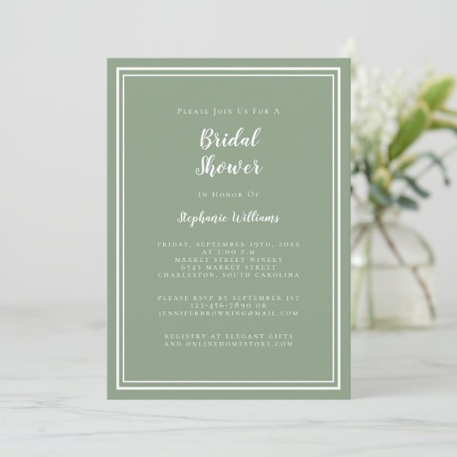 Invitation Fête des mariées moderne Élégant Chic Sage Vert (Debout devant)