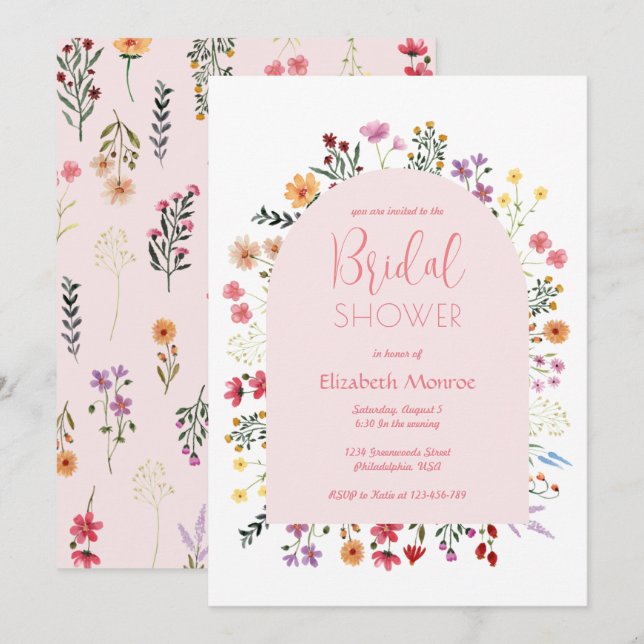 Invitation Fête des mariées moderne en arc rose Fleur sauvage (Devant / Derrière)