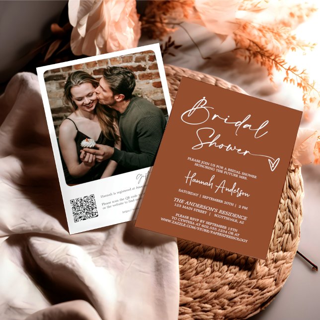Invitation Fête des mariées moderne en terre cuite Boho QR Co (Créateur téléchargé)
