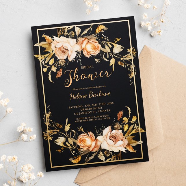 Invitation Fête des mariées moderne florale noire (Black Floral Modern Bridal Shower Invitation)