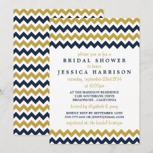 Invitation Fête des mariées moderne Navy & Gold Chevron