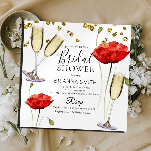 Invitation Fête des mariées moderne Red Poppy et Gold Flakes (Créateur téléchargé)
