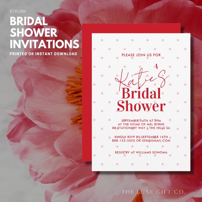 Invitation Fête des mariées moderne stylée rouge et rose étoi (Créateur téléchargé)