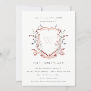 Invitation Fête des mariées Monogram Crest Fleur sauvage rose