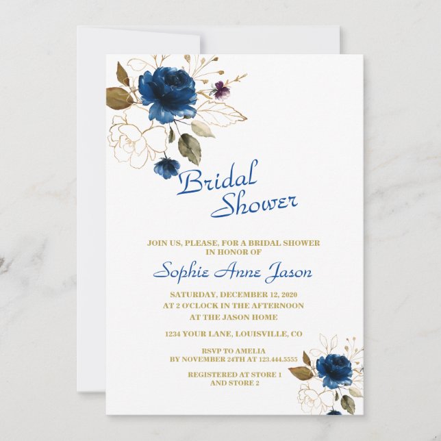 Invitation Fête des mariées Monogramme Royal Blue Gold Flower (Devant)