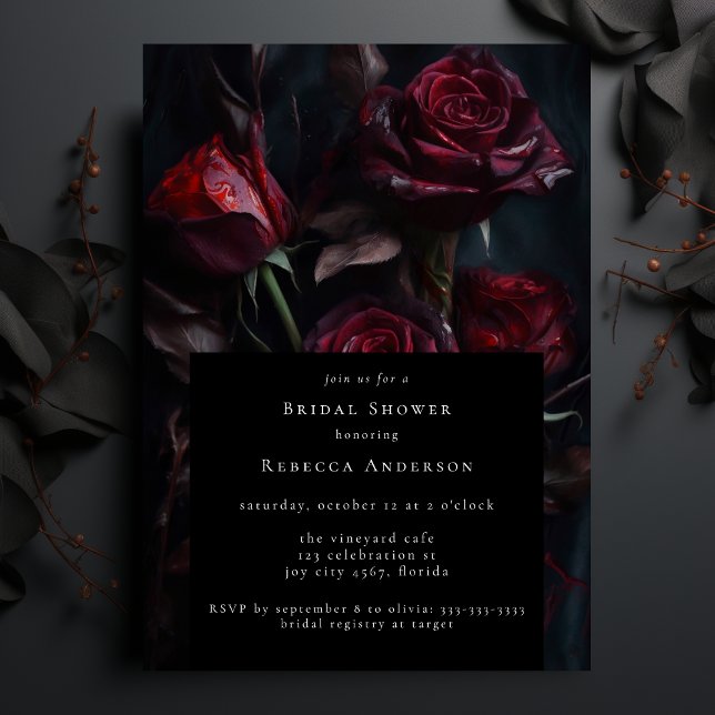 Invitation Fête des mariées Moody Noir Gothique Rouge Roses (Créateur téléchargé)