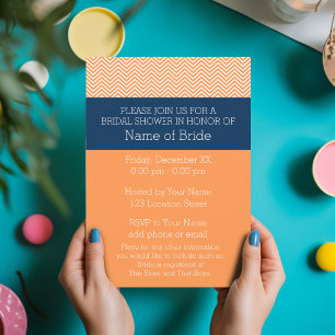 Invitation Fête des mariées Motif bleu marine et orange Chevr