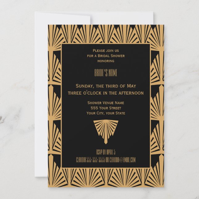 Invitation Fête des mariées Motif Gold et Black Art Déco (Devant)