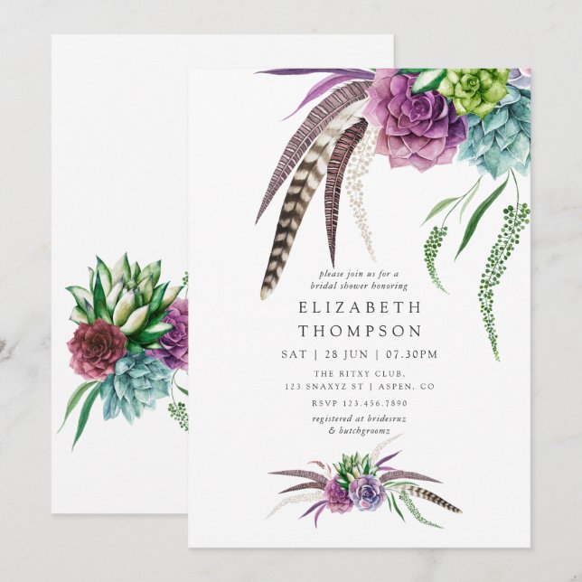 Invitation Fête des mariées mystique de Boho Succulente (Devant / Derrière)