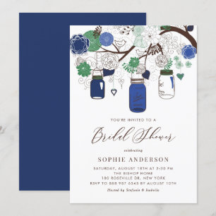 Invitation Fête des mariées Navy Blue and Green Mason Jars