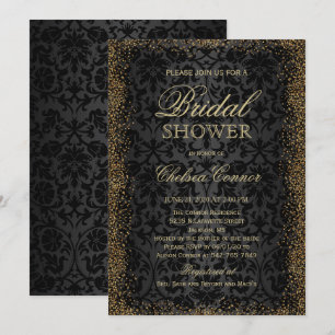 Invitation Fête des mariées - Noir Damask et Gold Confetti