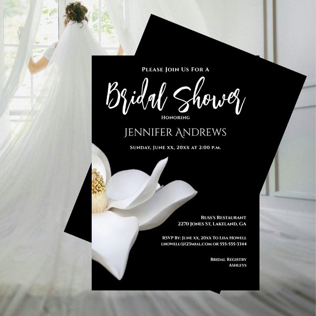 Invitation Fête des mariées noir et blanc Magnolia Elegant (Bridal Shower Black and White Magnolia Elegant Invitation)