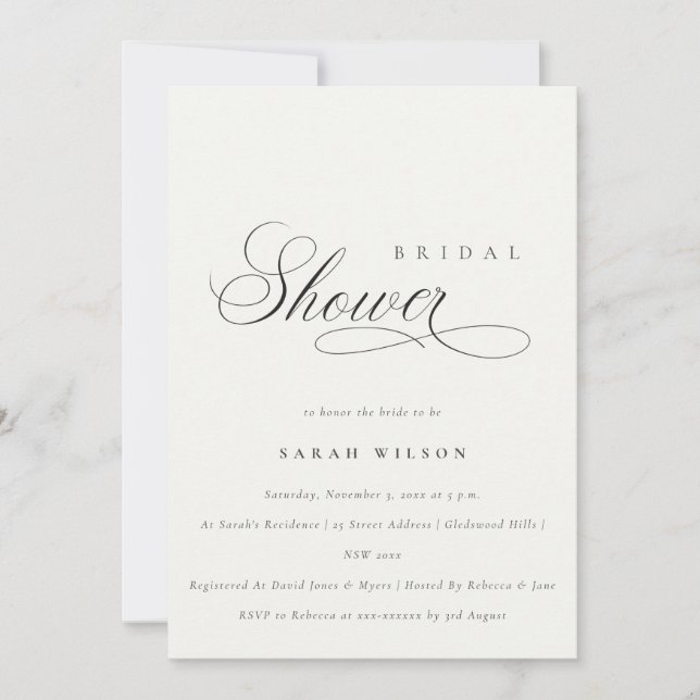 Invitation Fête des mariées noir simple Script (Devant)