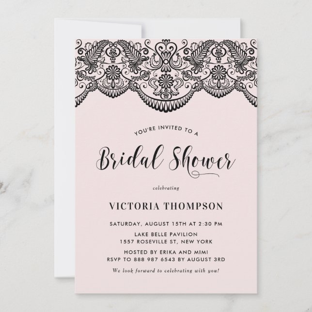 Invitation Fête des mariées noire Brocade Lace Blush (Devant)