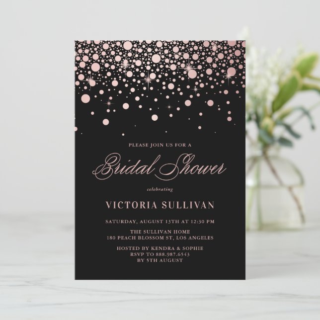 Invitation Fête des mariées noire Faux Rose Gold Foil Confett (Debout devant)