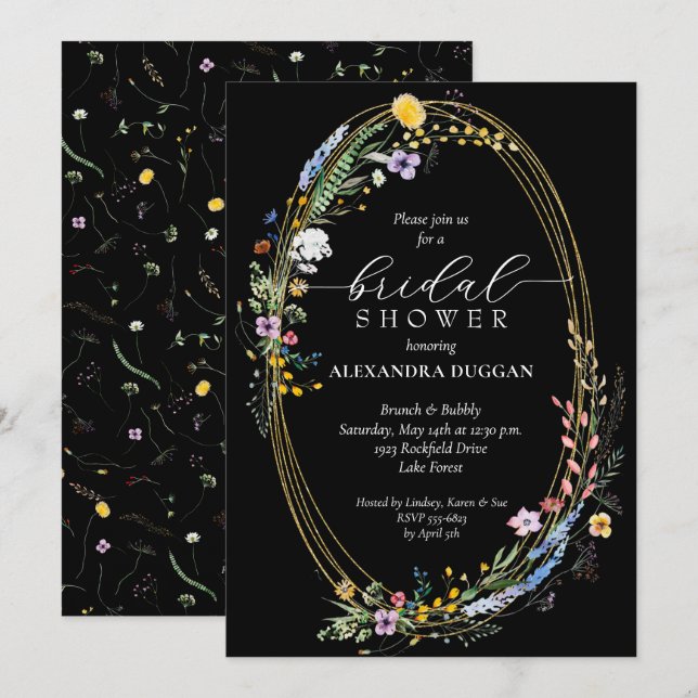 Invitation Fête des mariées noire Fleur sauvage chic (Devant / Derrière)