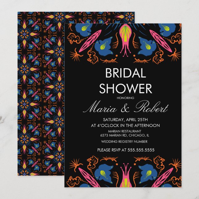 Invitation Fête des mariées noire florale indienne (Devant / Derrière)