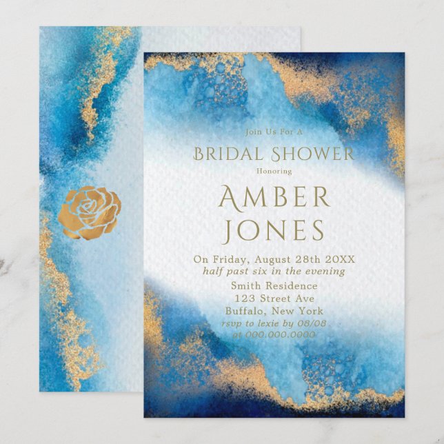 Invitation Fête des mariées Ocean Blue et Gold Agate (Devant / Derrière)