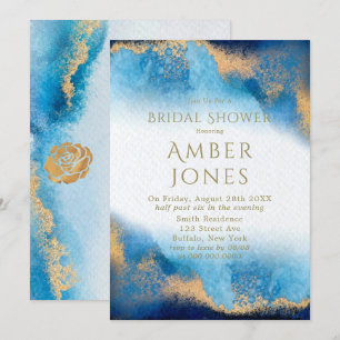 Invitation Fête des mariées Ocean Blue et Gold Agate