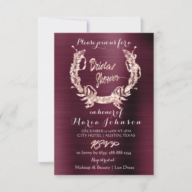 Invitation Fête des mariées Olive Wreath Rose or Bourgogne ro (Devant)
