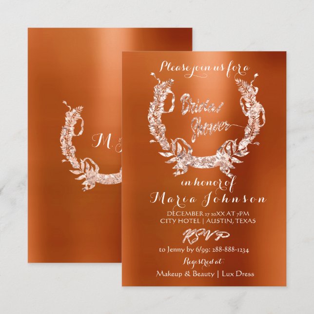 Invitation Fête des mariées Olive Wreath Rose or Orange Coral (Devant / Derrière)