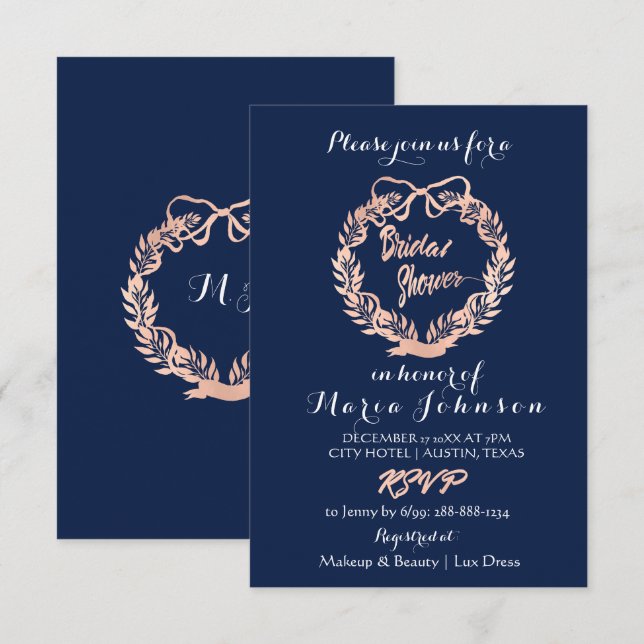 Invitation Fête des mariées Olives Floral Wreath Marine Rose  (Devant / Derrière)
