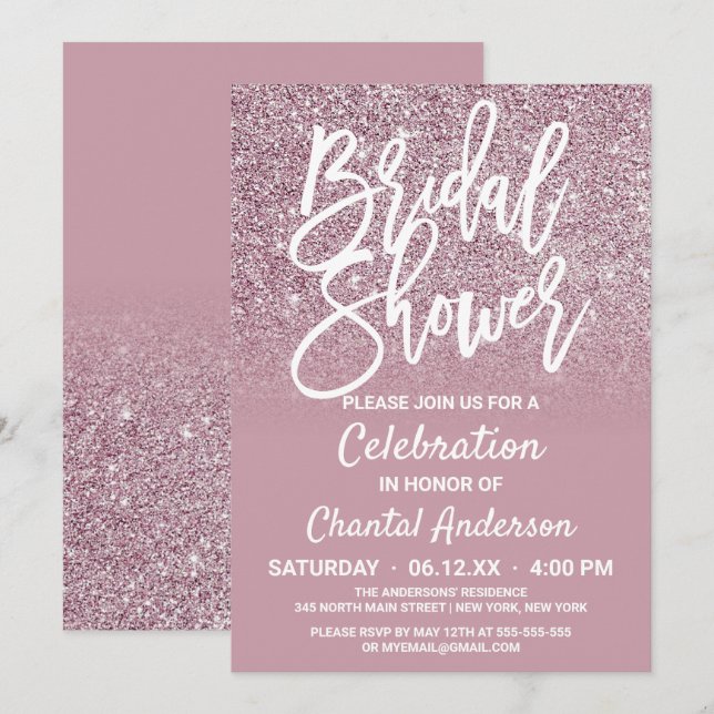 Invitation Fête des mariées Ombre de Parties scintillant rose (Devant / Derrière)