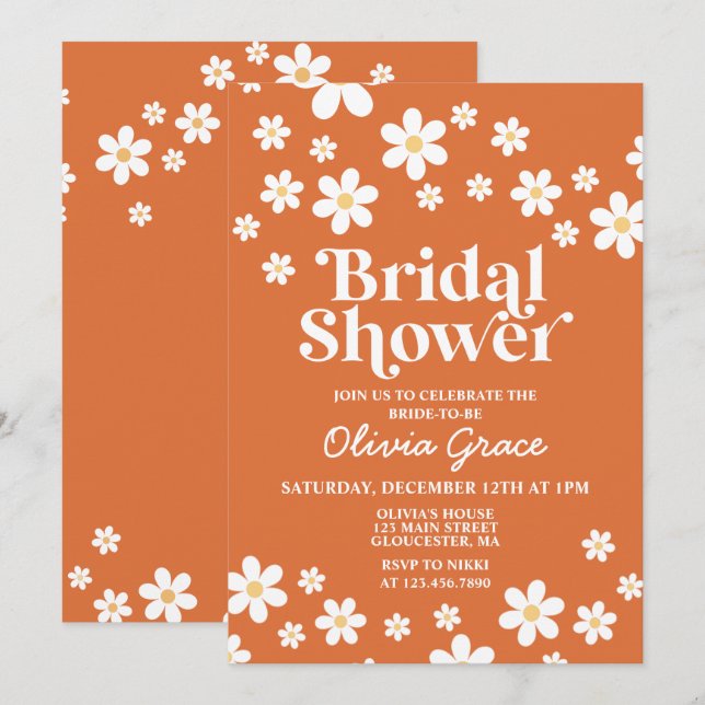 Invitation Fête des mariées Orange Brûlée Daisy (Devant / Derrière)