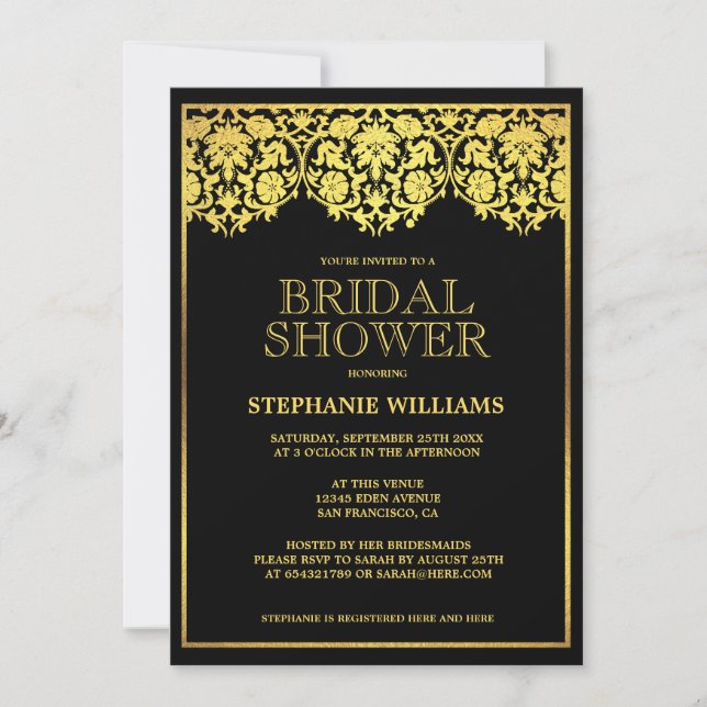 Invitation Fête des mariées | Ornate Gold Art déco Damas (Devant)