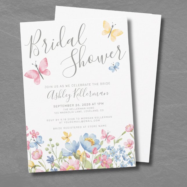 Invitation Fête des mariées papillon Fleur sauvage aquarelle (Watercolor Wildflower Butterfly Bridal Shower Invitation)