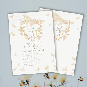 Invitation Fête des mariées papillon or Monogramme élégant
