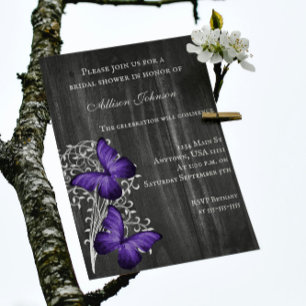 Invitation Fête des mariées papillon violet rustique Invitati