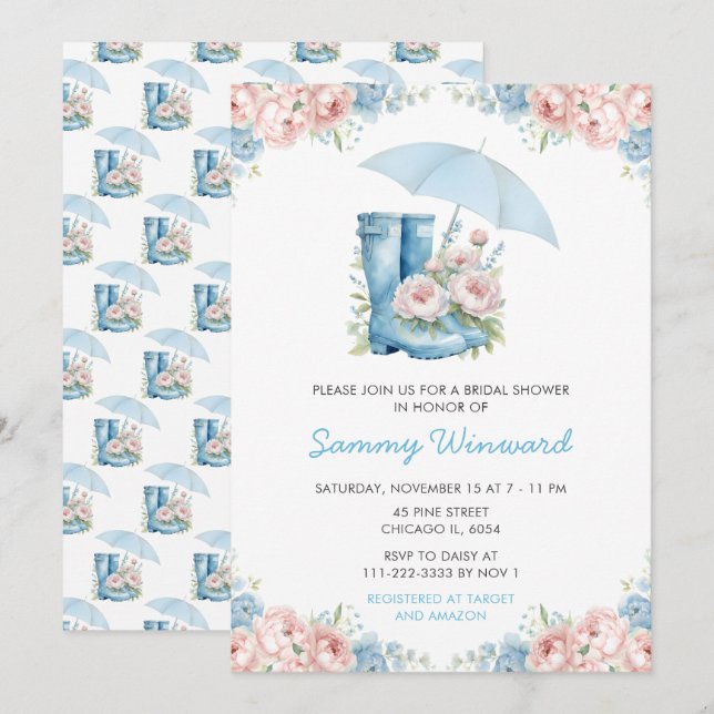 Invitation Fête des mariées parapluie florale bleue et rose (Devant / Derrière)