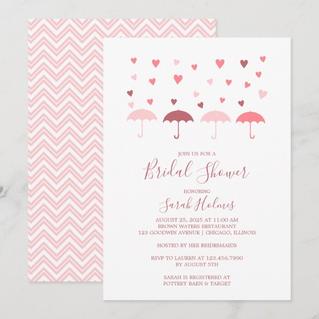 Invitation Fête des mariées Parapluies et Coeurs roses (Devant / Derrière)