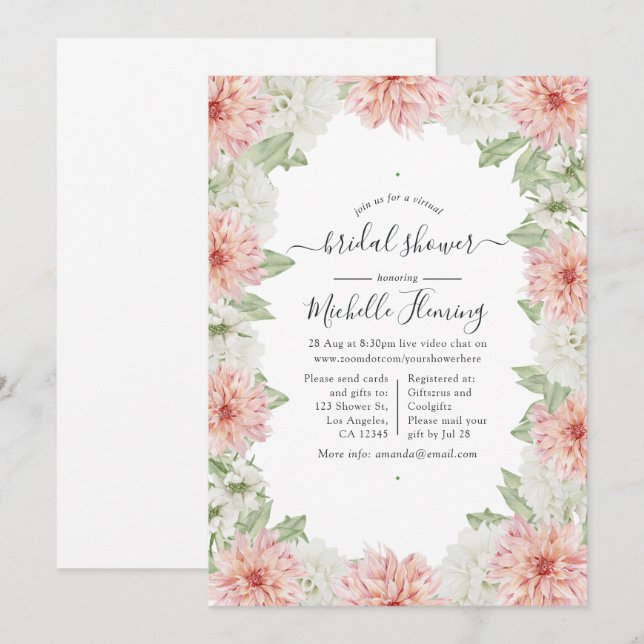 Invitation Fête des mariées Pastel Blush Pink Dahlia (Devant / Derrière)