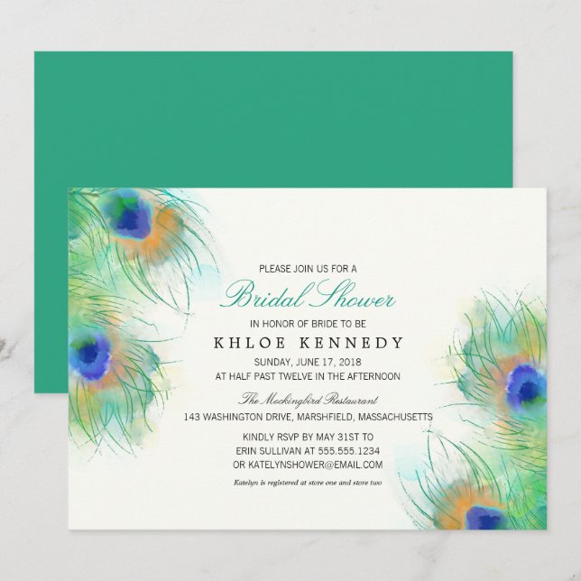Invitation Fête des mariées Peacock Aquarelle turquoise (Devant / Derrière)