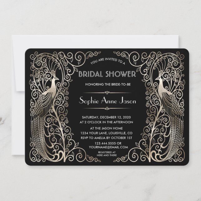 Invitation Fête des mariées Peacocks Art Déco Glam Silver (Devant)