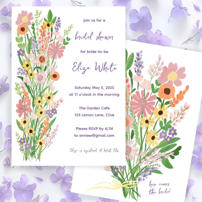 Invitation Fête des mariées personnalisée fleur sauvage peint (Wildflowers Handpainted Sweet Custom Bridal Shower Invitation Floral Colorful Dainty Spring Summer
)