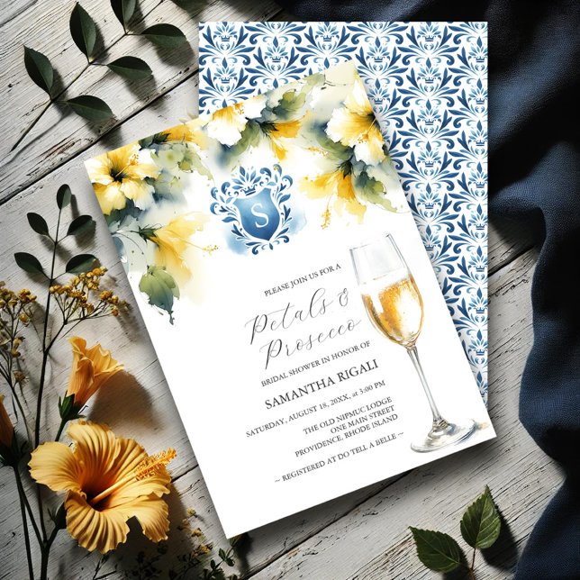 Invitation Fête des mariées Pétales bleu et jaune et Procuco (Bridal shower invitations watercolor yellow hibiscus flowers blue monogrammed crest)