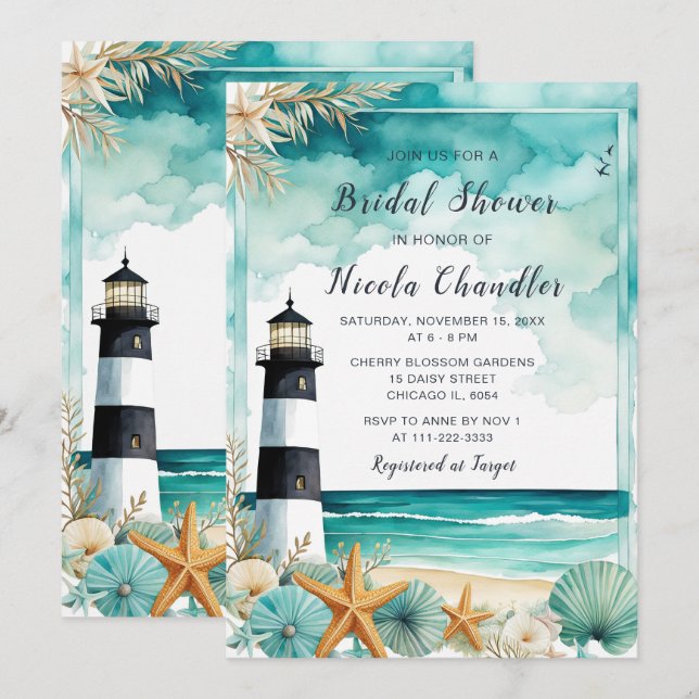 Invitation Fête des mariées phare nautique (Devant / Derrière)