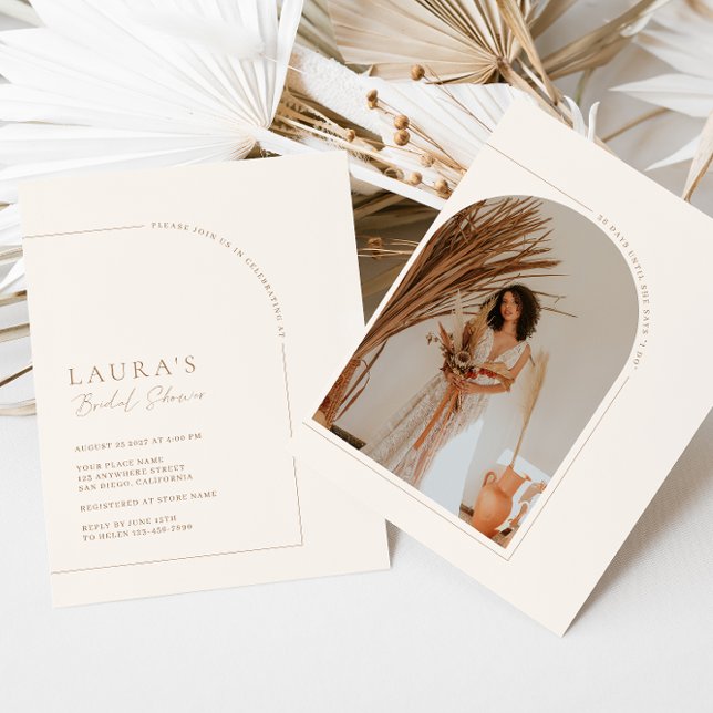 Invitation Fête des mariées photo à arc minimal neutre (Créateur téléchargé)
