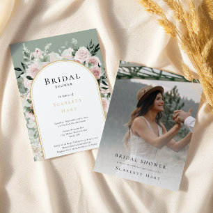 Invitation Fête des mariées photo Dusty Rose Gold Arch Sage