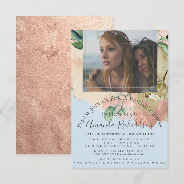 Invitation Fête des mariées Photo Floral Anniversaire Blue Pe (Devant / Derrière)