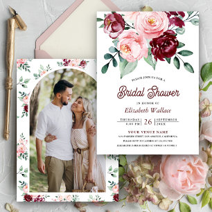 Invitation Fête des mariées photo florale de Bourgogne rose