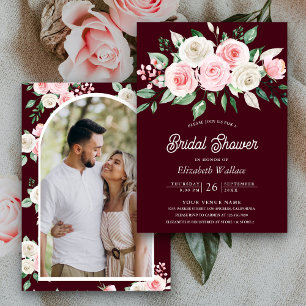 Invitation Fête des mariées photo florale rose pâle Bourgogne