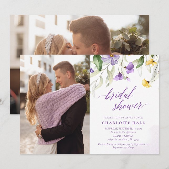Invitation Fête des mariées photo Lavender Floral Couple (Devant / Derrière)